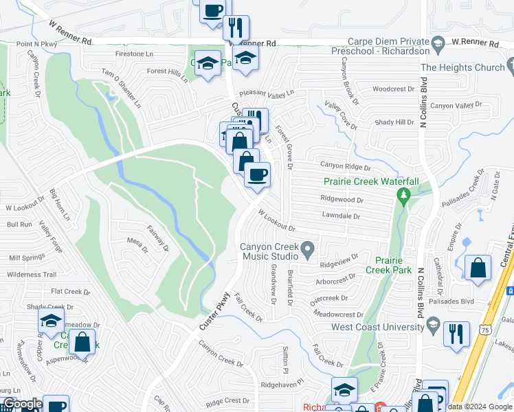 map of restaurants, bars, coffee shops, grocery stores, and more near 500 West Lookout Drive in Richardson
