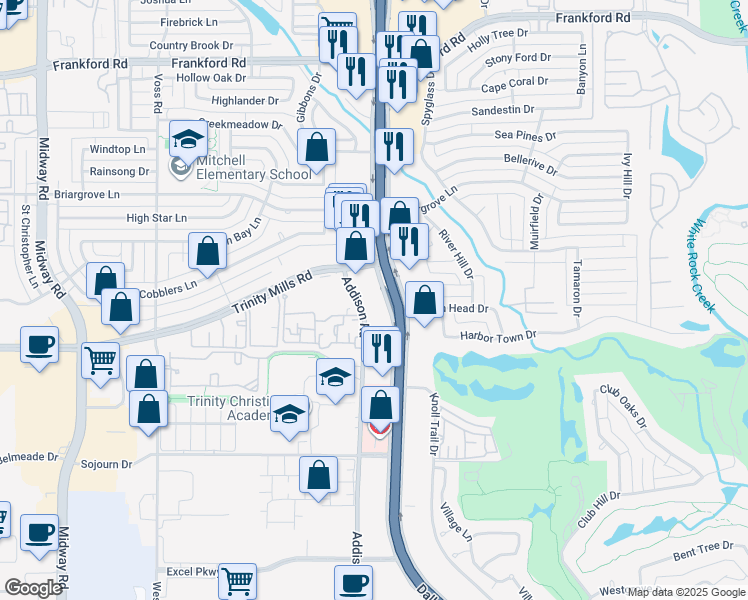 map of restaurants, bars, coffee shops, grocery stores, and more near 17501-17505 Dallas Pkwy in Dallas
