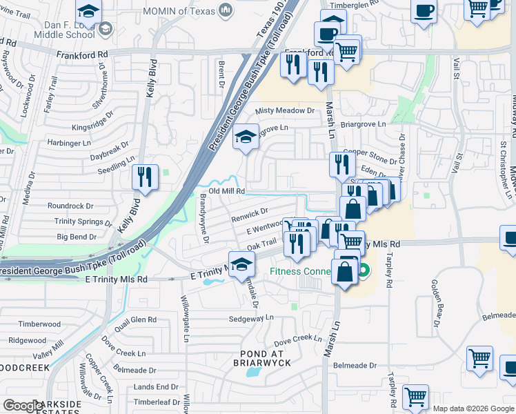 map of restaurants, bars, coffee shops, grocery stores, and more near 2718 Winding Creek Drive in Carrollton