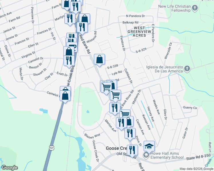 map of restaurants, bars, coffee shops, grocery stores, and more near 301 Hastie Drive in Goose Creek