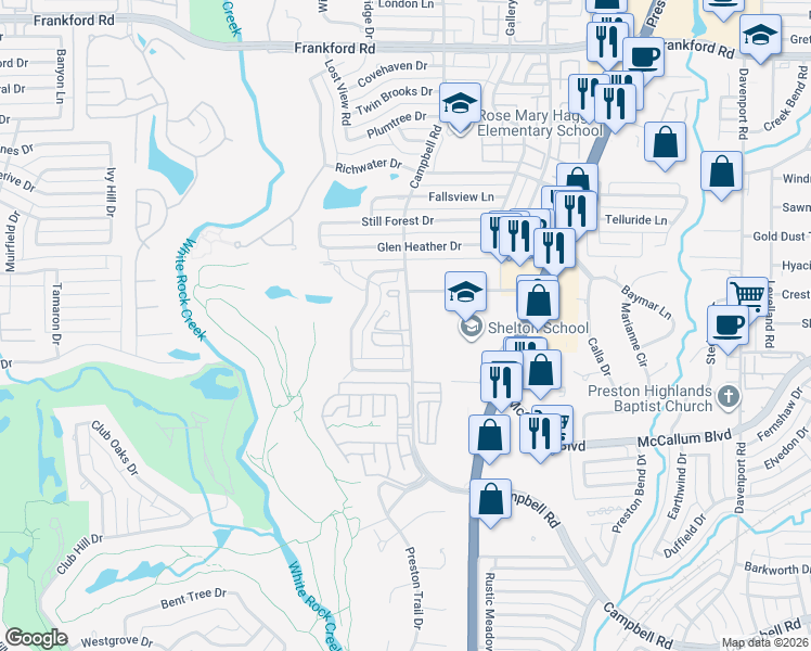 map of restaurants, bars, coffee shops, grocery stores, and more near 17352 Remington Park Place in Dallas