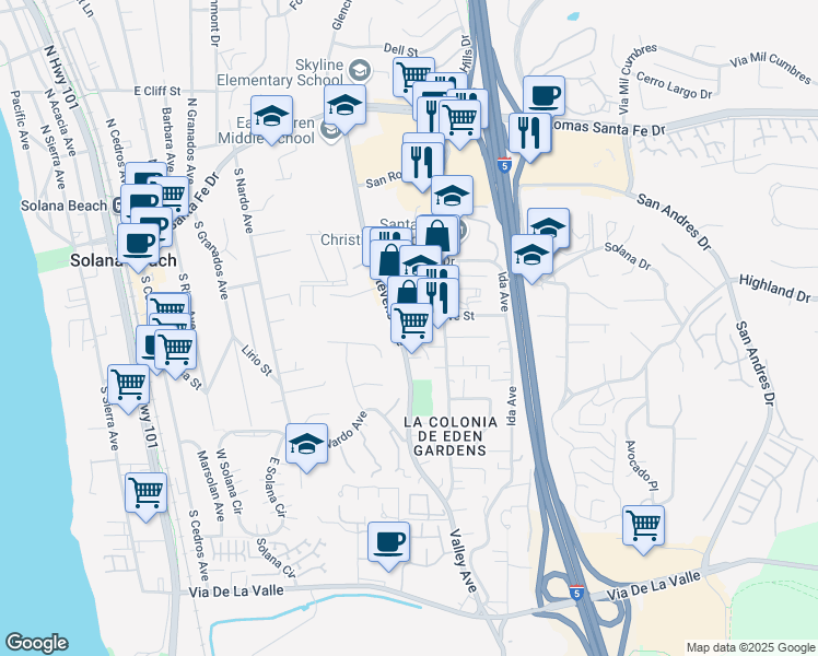 map of restaurants, bars, coffee shops, grocery stores, and more near 722 Genevieve Street in Solana Beach