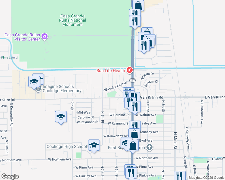 map of restaurants, bars, coffee shops, grocery stores, and more near 739 West Padre Kino Drive in Coolidge