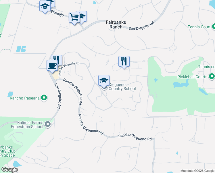 map of restaurants, bars, coffee shops, grocery stores, and more near 6002 Paseo Valencia in Rancho Santa Fe