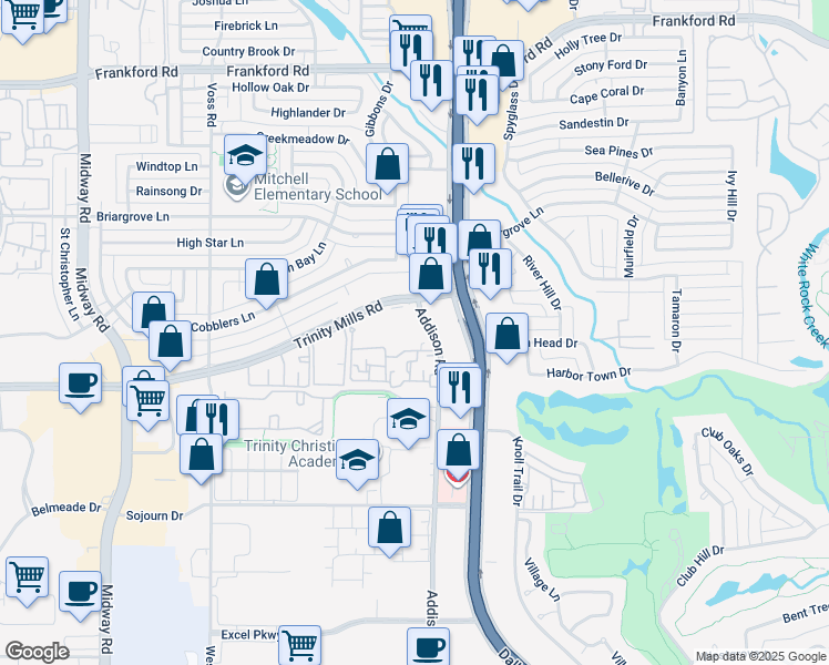 map of restaurants, bars, coffee shops, grocery stores, and more near 17727 Addison Road in Dallas