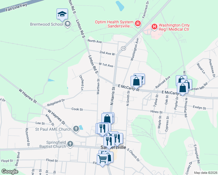 map of restaurants, bars, coffee shops, grocery stores, and more near 103 West Mc Carty Street in Sandersville