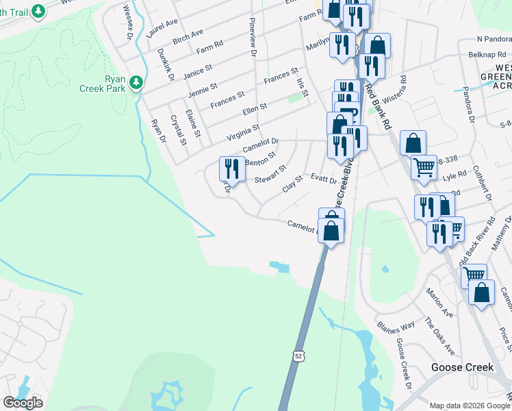 map of restaurants, bars, coffee shops, grocery stores, and more near 106 Rachel Street in Goose Creek