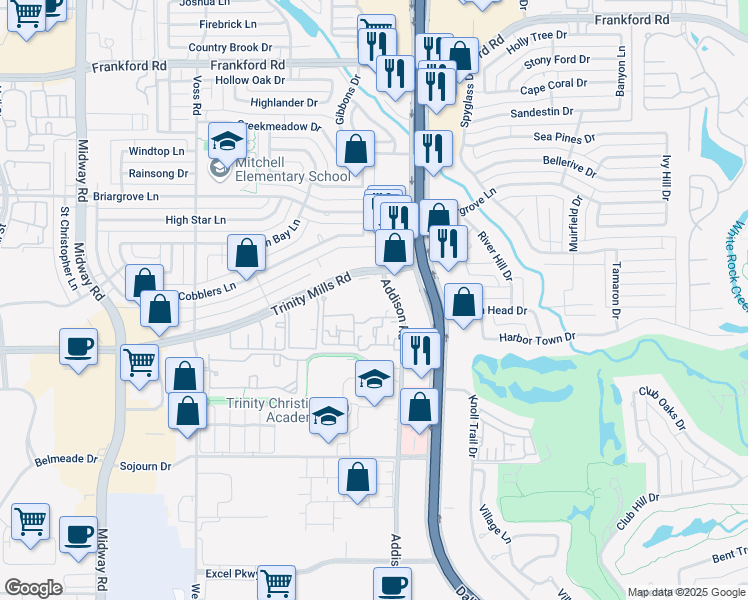 map of restaurants, bars, coffee shops, grocery stores, and more near 17727 Addison Road in Dallas