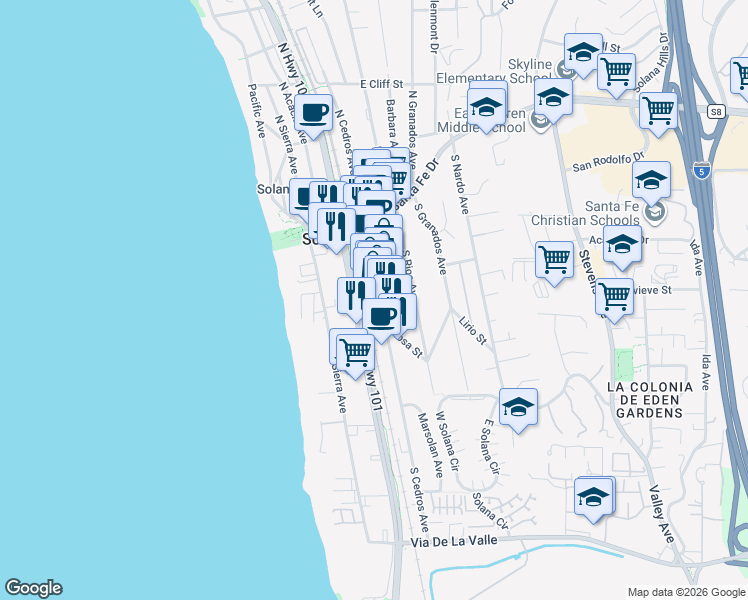 map of restaurants, bars, coffee shops, grocery stores, and more near 301 South Cedros Avenue in Solana Beach