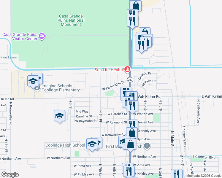 map of restaurants, bars, coffee shops, grocery stores, and more near 710 West Padre Kino Drive in Coolidge