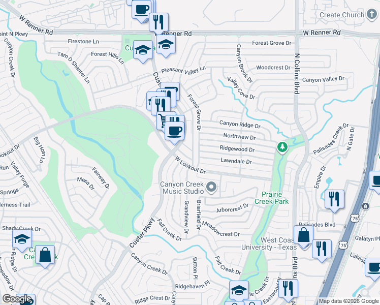 map of restaurants, bars, coffee shops, grocery stores, and more near 2628 Custer Parkway in Richardson