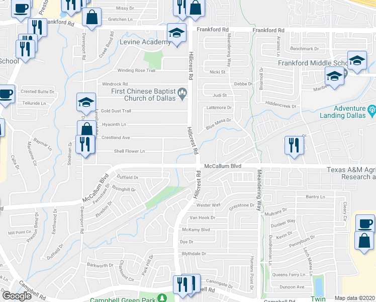 map of restaurants, bars, coffee shops, grocery stores, and more near 6700 Starbuck Drive in Dallas