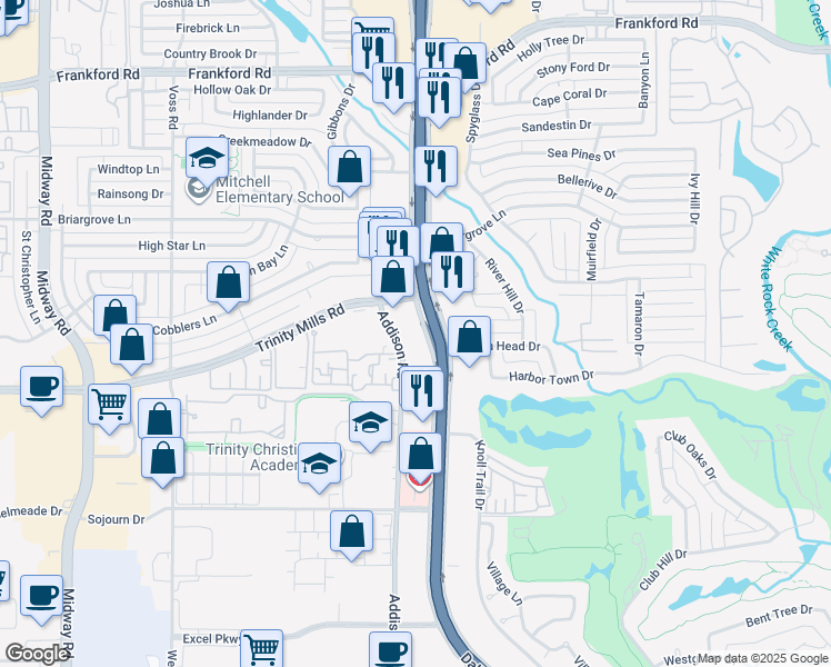 map of restaurants, bars, coffee shops, grocery stores, and more near 17501-17505 Dallas Pkwy in Dallas