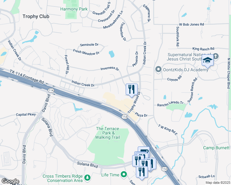 map of restaurants, bars, coffee shops, grocery stores, and more near 3 Valley Wood Court in Trophy Club