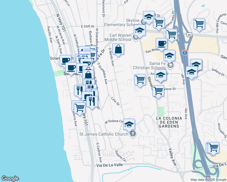 map of restaurants, bars, coffee shops, grocery stores, and more near Via De Vista in Solana Beach