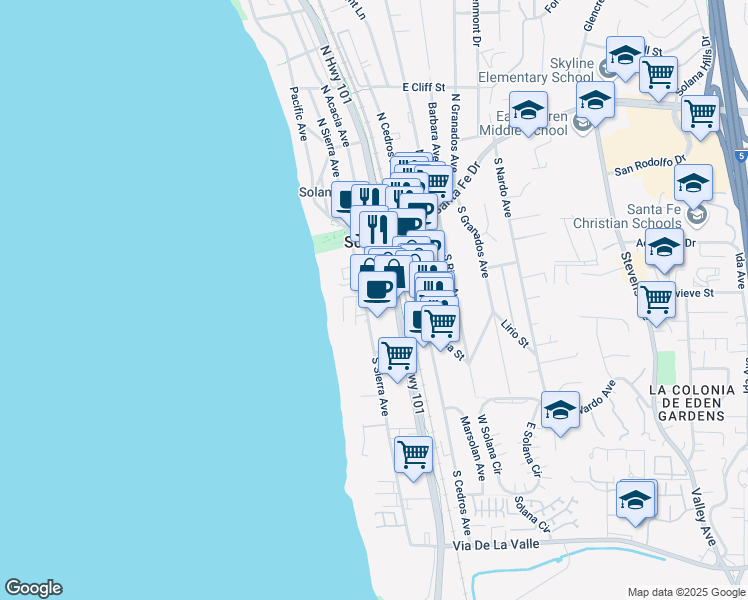 map of restaurants, bars, coffee shops, grocery stores, and more near 215 Highway 101 in Solana Beach