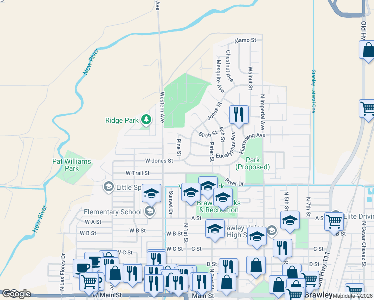 map of restaurants, bars, coffee shops, grocery stores, and more near 962 Pine Street in Brawley