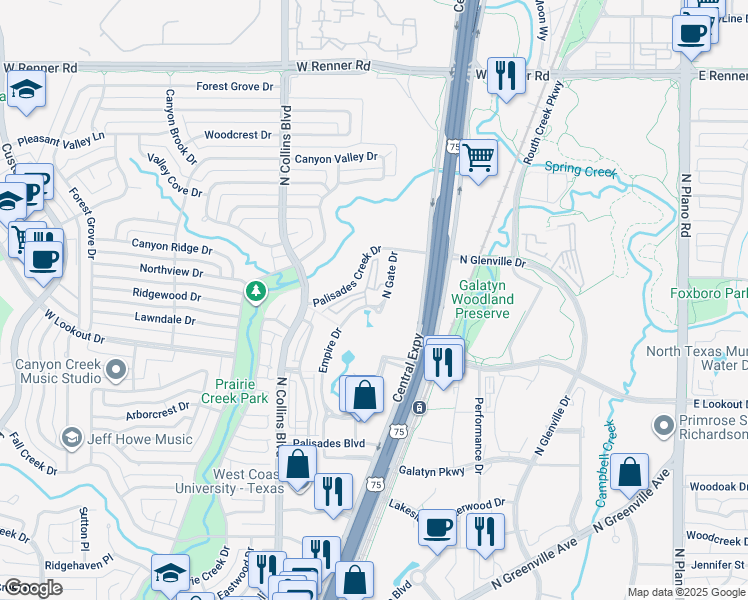 map of restaurants, bars, coffee shops, grocery stores, and more near 2625 Empire Drive in Richardson