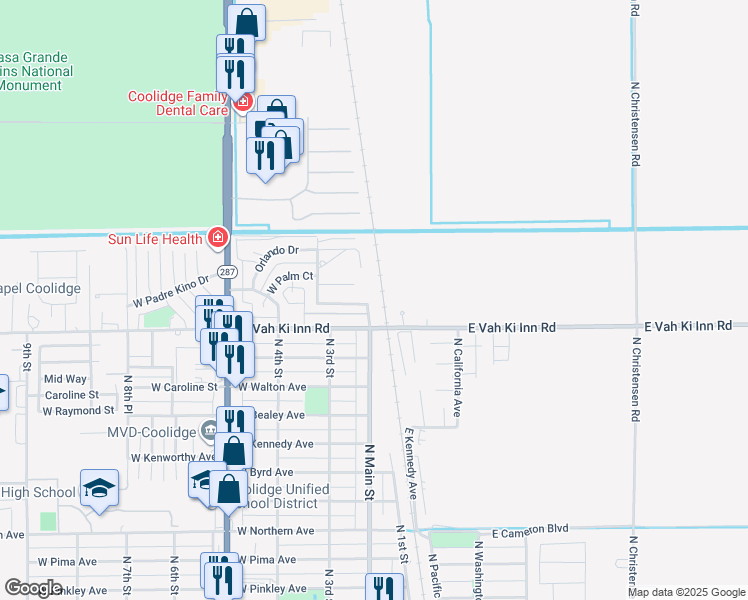 map of restaurants, bars, coffee shops, grocery stores, and more near 1167 North Main Street in Coolidge