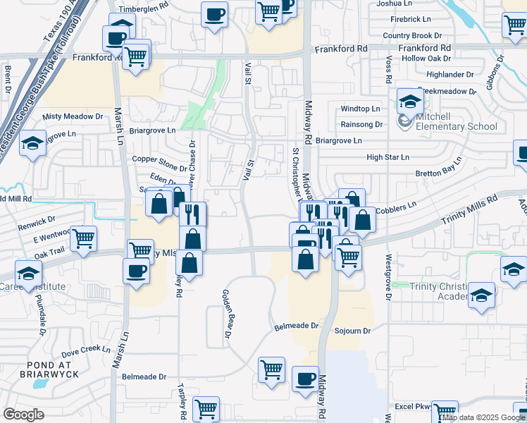 map of restaurants, bars, coffee shops, grocery stores, and more near 3939 East Trinity Mills Road in Dallas