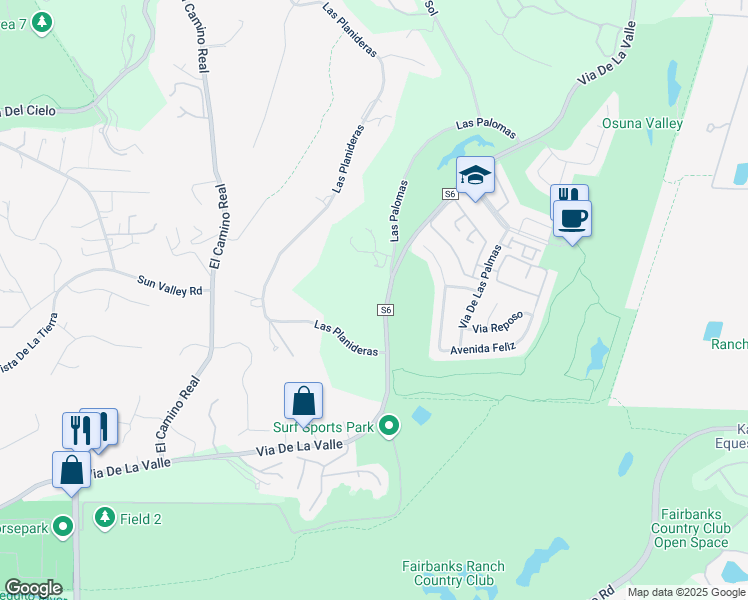 map of restaurants, bars, coffee shops, grocery stores, and more near 15134 Via De La Valle in Rancho Santa Fe