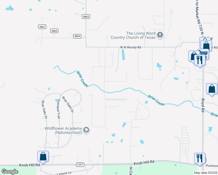 map of restaurants, bars, coffee shops, grocery stores, and more near 673 West North Woody Road in Azle