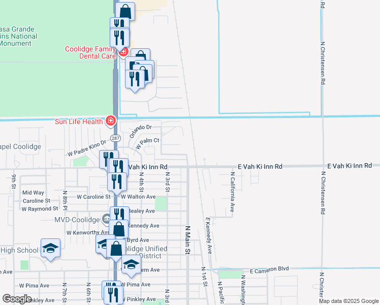 map of restaurants, bars, coffee shops, grocery stores, and more near 1167 North Main Street in Coolidge