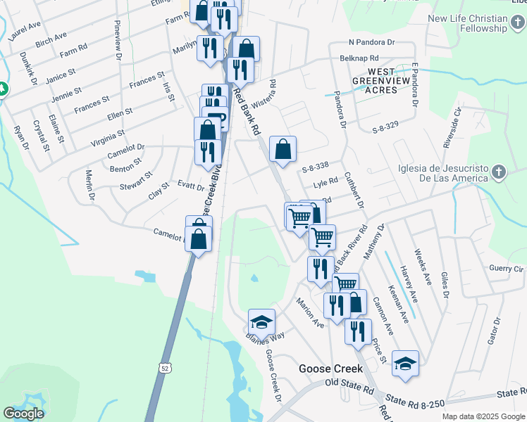map of restaurants, bars, coffee shops, grocery stores, and more near 178 Middleton Drive in Goose Creek