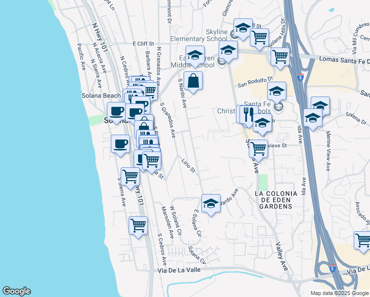 map of restaurants, bars, coffee shops, grocery stores, and more near Loma de Caballo in Rancho Santa Fe