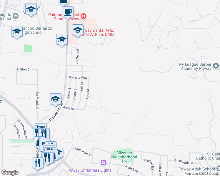 map of restaurants, bars, coffee shops, grocery stores, and more near 15148 Larchmont Street in Poway