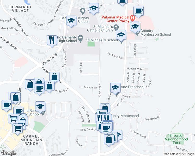 map of restaurants, bars, coffee shops, grocery stores, and more near 15202 La Manda Drive in Poway