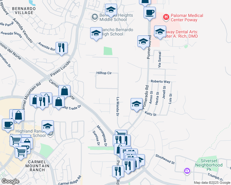 map of restaurants, bars, coffee shops, grocery stores, and more near La Manda Drive in Poway