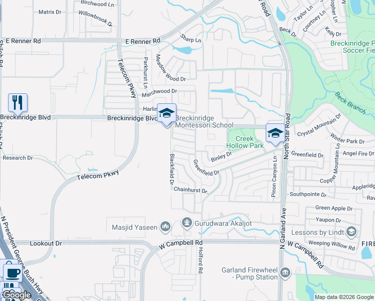 map of restaurants, bars, coffee shops, grocery stores, and more near 3913 Dunwich Drive in Richardson