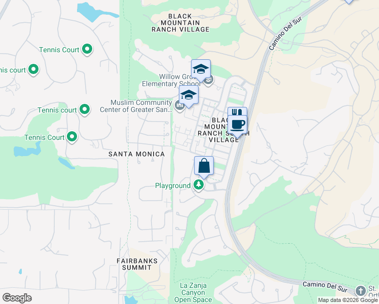 map of restaurants, bars, coffee shops, grocery stores, and more near Via Fiesta & Camino De La Rosa in San Diego