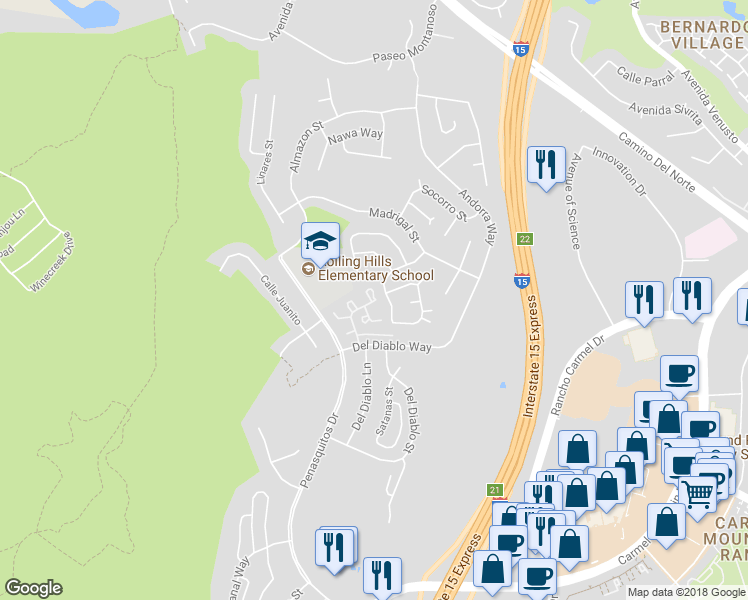 map of restaurants, bars, coffee shops, grocery stores, and more near 15080 Avenida Montuosa in San Diego
