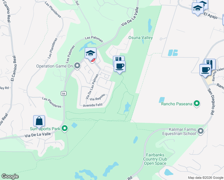 map of restaurants, bars, coffee shops, grocery stores, and more near 4055 Avenida Brisa in Rancho Santa Fe