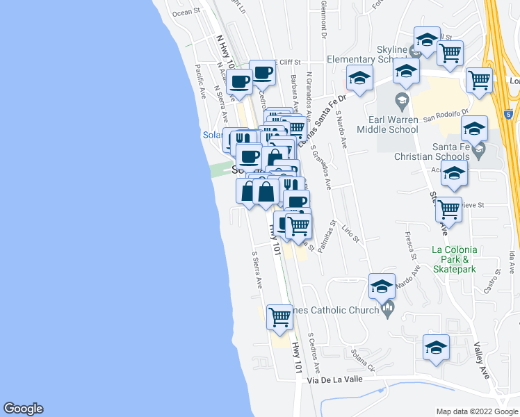 map of restaurants, bars, coffee shops, grocery stores, and more near 235 Highway 101 in Solana Beach