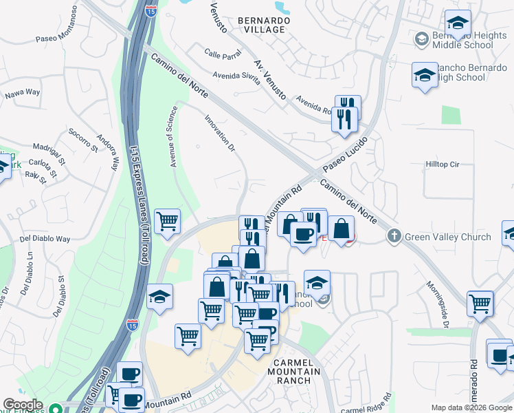 map of restaurants, bars, coffee shops, grocery stores, and more near 15025 Innovation Drive in San Diego
