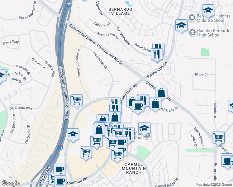 map of restaurants, bars, coffee shops, grocery stores, and more near 15025 Innovation Drive in San Diego