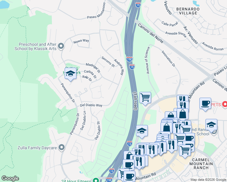 map of restaurants, bars, coffee shops, grocery stores, and more near 15170 Andorra Way in San Diego