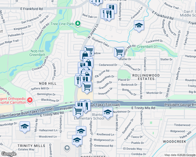 map of restaurants, bars, coffee shops, grocery stores, and more near 2810 Elk Grove Road in Carrollton