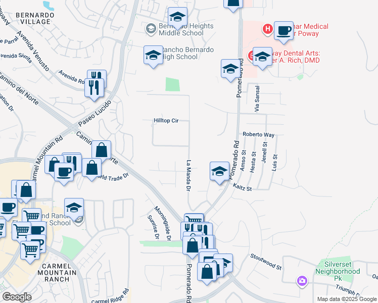 map of restaurants, bars, coffee shops, grocery stores, and more near La Manda Drive in Poway