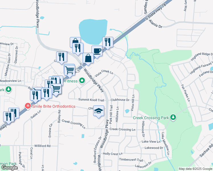 map of restaurants, bars, coffee shops, grocery stores, and more near 7424 Vista Ridge Lane in Sachse