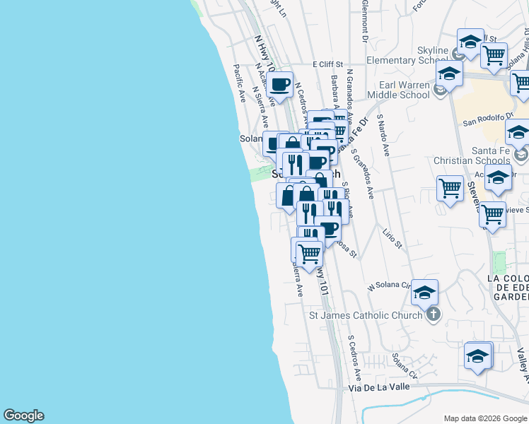 map of restaurants, bars, coffee shops, grocery stores, and more near 220 Linda Mar Drive in Solana Beach