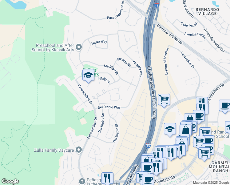 map of restaurants, bars, coffee shops, grocery stores, and more near 15164 Susita Street in San Diego