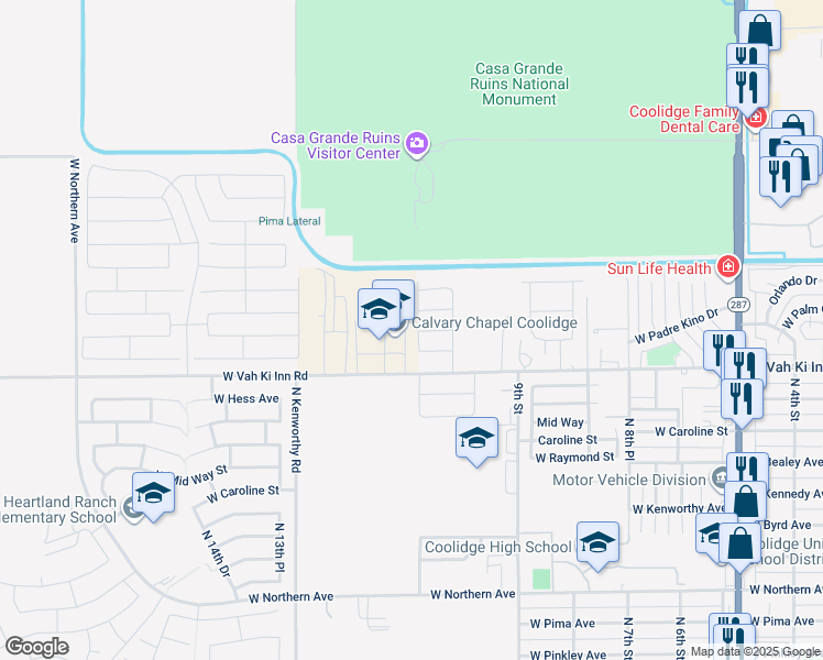 map of restaurants, bars, coffee shops, grocery stores, and more near 1118 Reeves Drive in Coolidge