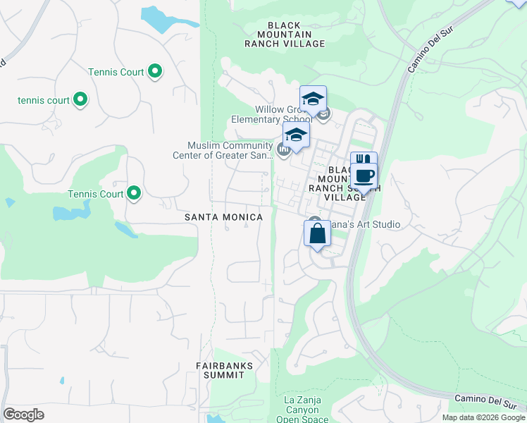map of restaurants, bars, coffee shops, grocery stores, and more near 14645 Arroyo Hondo in San Diego