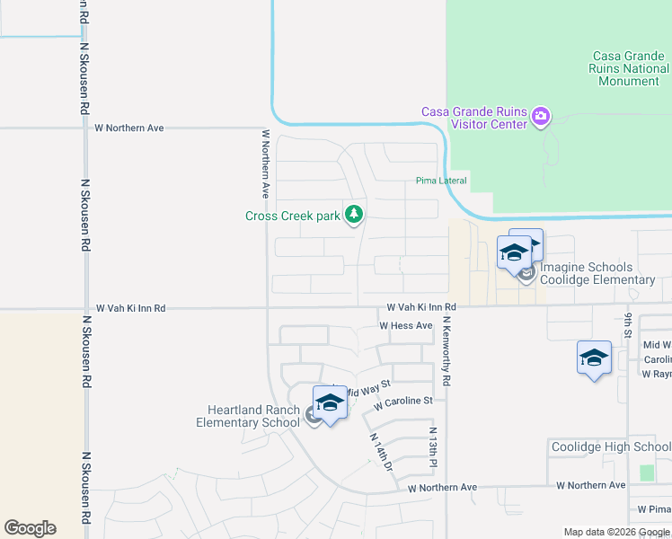 map of restaurants, bars, coffee shops, grocery stores, and more near 1165 North Manana Lane in Coolidge