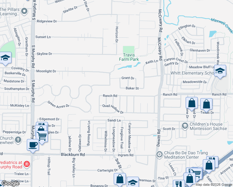 map of restaurants, bars, coffee shops, grocery stores, and more near 2608 Baker Street in Sachse