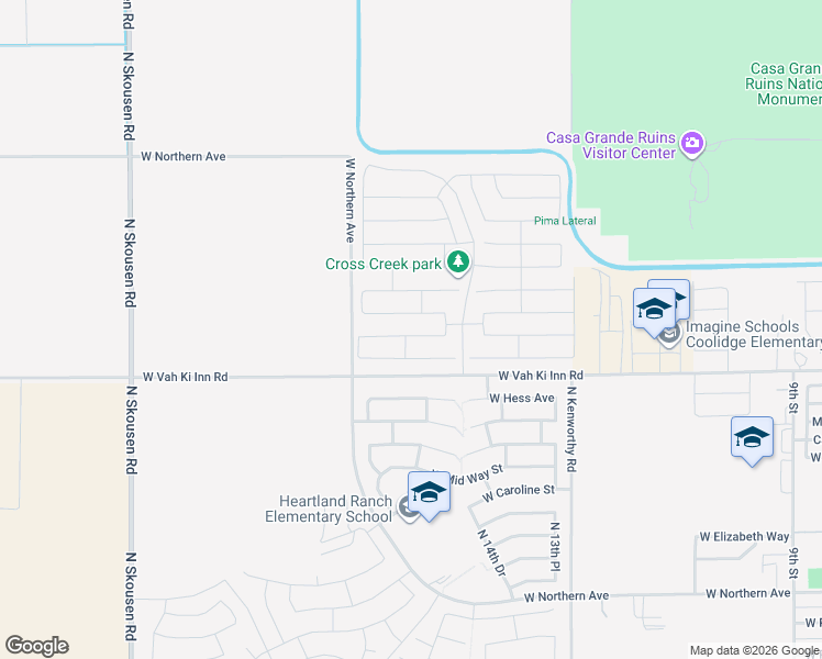 map of restaurants, bars, coffee shops, grocery stores, and more near 1672 Toltec Drive in Coolidge